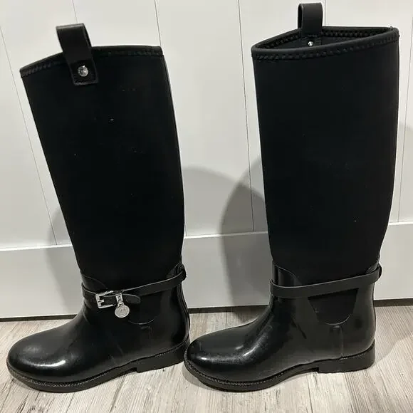 Michael Kors Rain Boots Size 6 Black Rubber & Neoprene. MK Silver Charm Logo. - Picture 3 of 8